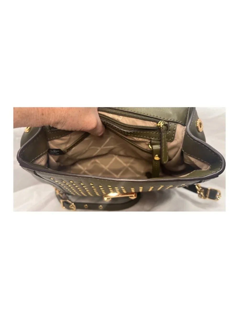Michael Kors Whitney Studded Lamb Leather Backpack Olive Gold